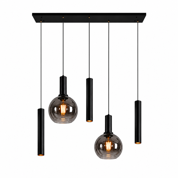 Industriële Hanglamp voor Eettafel – Smoke Glas – 5-Lichts – Dimbaar