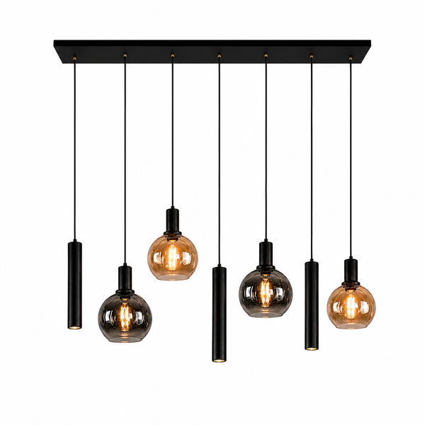Industriële Hanglamp voor Eettafel – Amber & Smoke Glas – 7-Lichts – Dimbaar