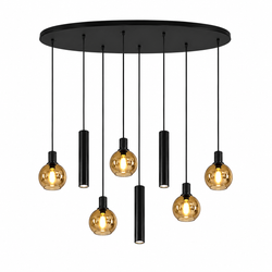 Industriële Hanglamp voor Eettafel ovaal – Zwart/Amber Glas – 8-Lichts – Dimbaar
