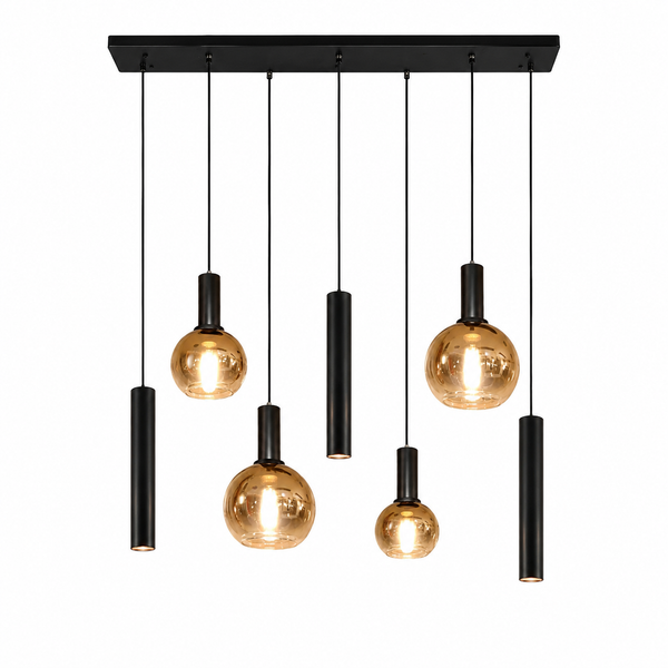 Industriële Hanglamp voor Eettafel – Zwart/Amber Glas – 7-Lichts – Dimbaar