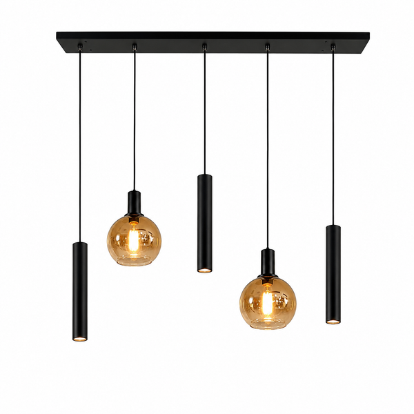 Industriële Hanglamp voor Eettafel – Zwart/Amber Glas – 5-Lichts – Dimbaar