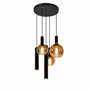 Industriële Hanglamp – Zwart/Amber Glas – 5-Lichts – Dimbaar