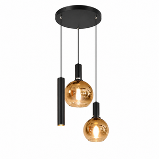 Industriële Hanglamp – Zwart/Amber Glas – 3-Lichts – Dimbaar