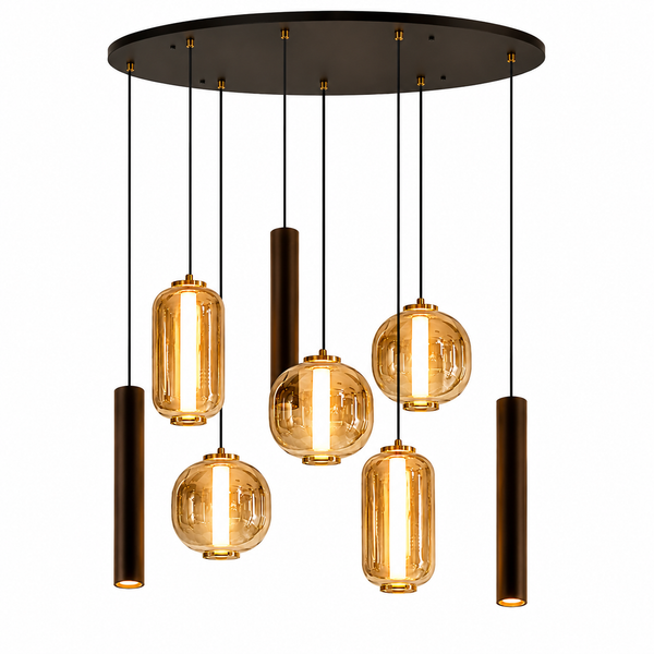 Industriële Hanglamp voor Eettafel Ovaal– Amber Glas – 8-Lichts Geïntegreerde LED