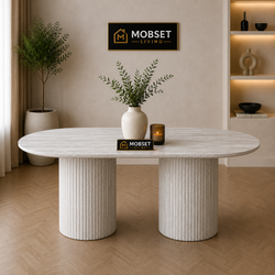 Ovale Japandi eettafel – lichtgrijs MDF met twee poten
