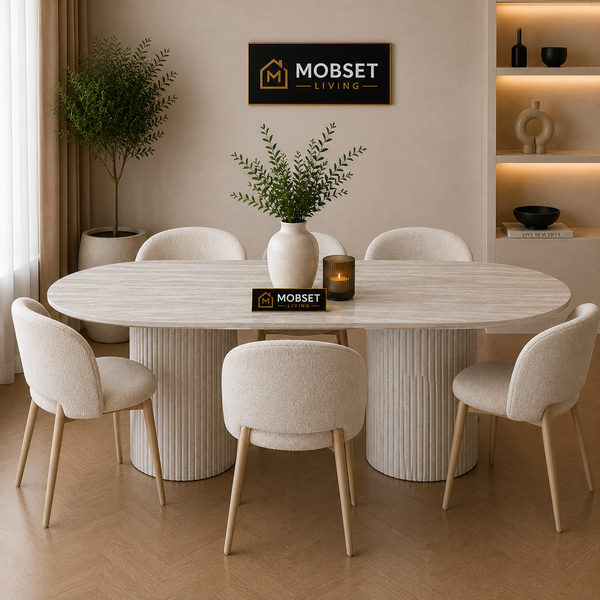 Ovale Japandi eettafel – lichtgrijs MDF met twee poten