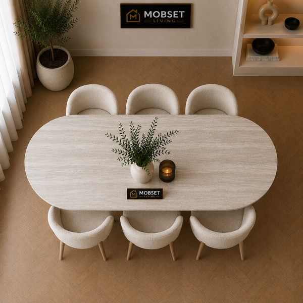 Ovale Japandi eettafel – lichtgrijs MDF met twee poten
