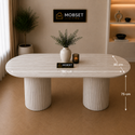 Ovale Japandi eettafel – lichtgrijs MDF met twee poten