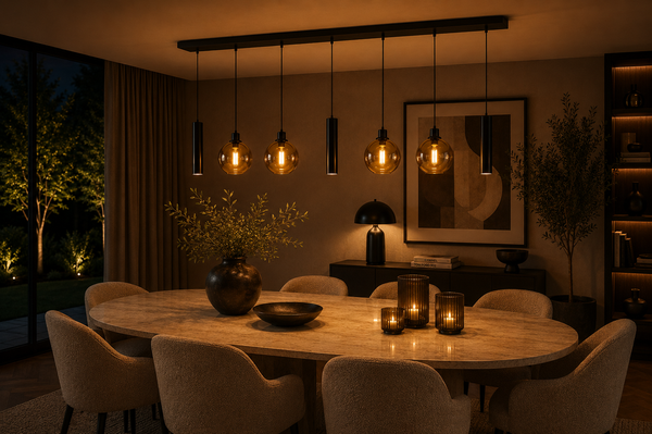 Industriële Hanglamp voor Eettafel – Zwart/Amber Glas – 7-Lichts – Dimbaar