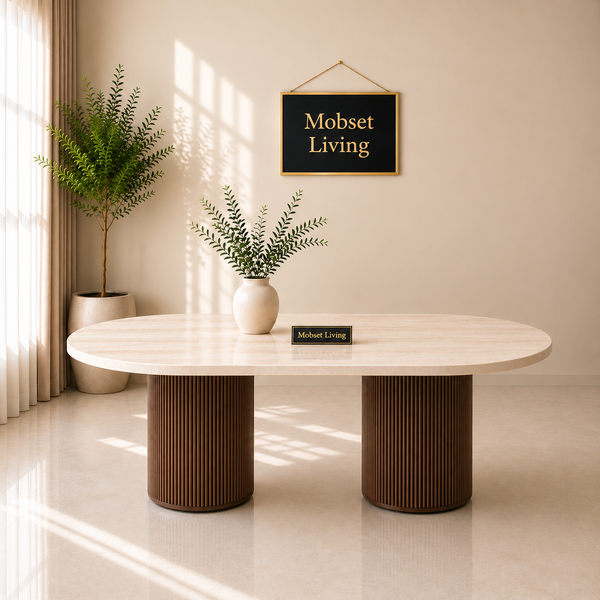 Eettafel Japandi travertin 2 potig bruin Ovaal 180cm - Kimberly
