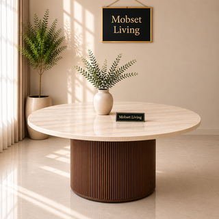 Eettafel Japandi travertin rond bruin 130 cm - Kimberly