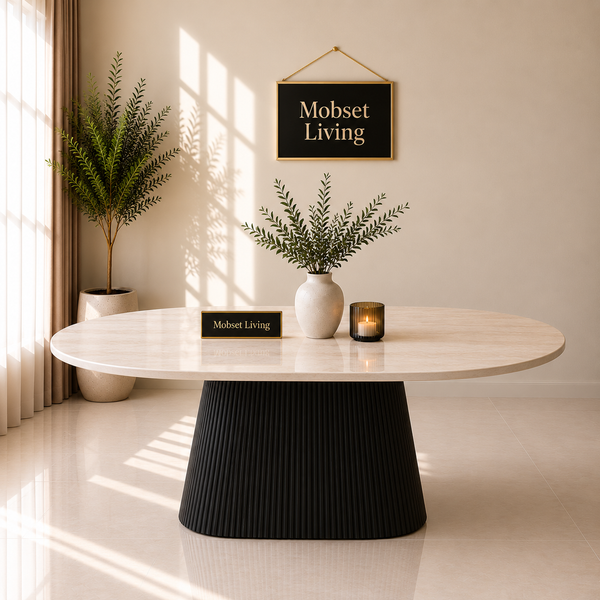 Eettafel Ovaal Zwart Travertin Japandi  180cm - Mella