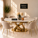 Ovale Travertin Eettafel 180x90 cm Witte blad- Gouden poot - Mina