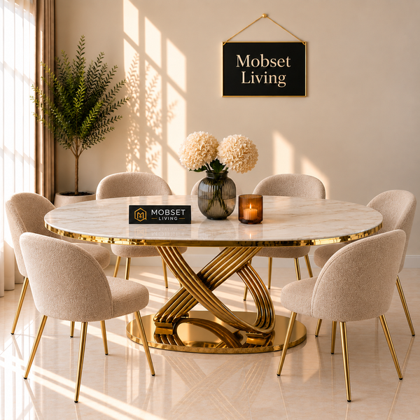 Ovale Travertin Eettafel 180x90 cm Witte blad- Gouden poot - Mina