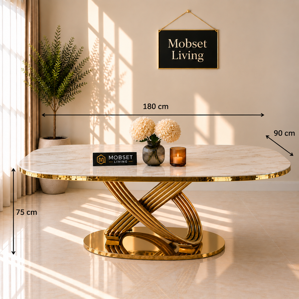 Ovale Travertin Eettafel 180x90 cm Witte blad- Gouden poot - Mina