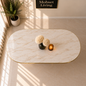 Ovale Travertin Eettafel 180x90 cm Witte blad- Gouden poot - Mina