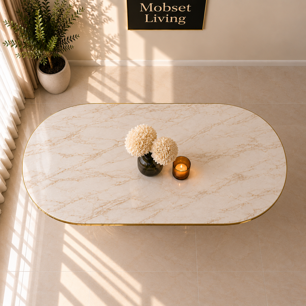 Ovale Travertin Eettafel 180x90 cm Witte blad- Gouden poot - Mina