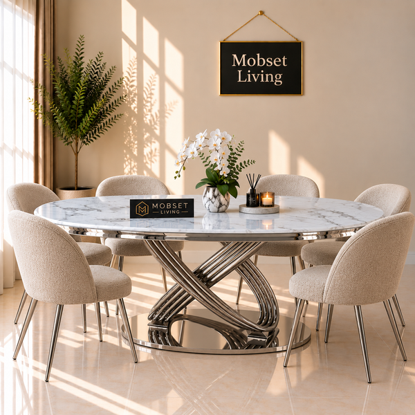 Ovale Travertin Eettafel 180x90 cm Witte blad- zilveren poot - Mina