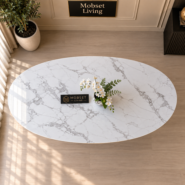 Ovale Travertin Eettafel 180x90 cm Witte blad- zilveren poot - Mina