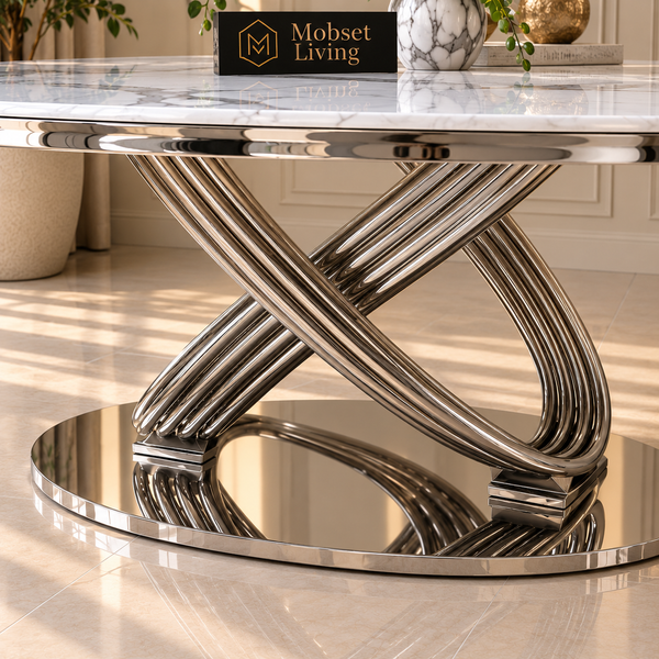 Ovale Travertin Eettafel 180x90 cm Witte blad- zilveren poot - Mina