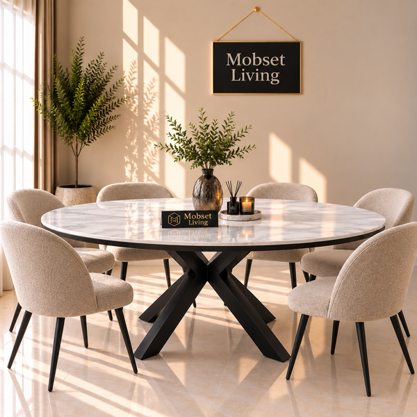 Ovale Travertin Eettafel 200x110 cm Witte blad - Zwarte X-poot - Wendy