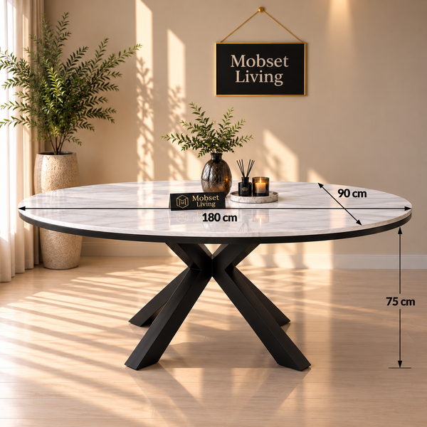 Ovale Travertin Eettafel 200x110 cm Witte blad - Zwarte X-poot - Wendy