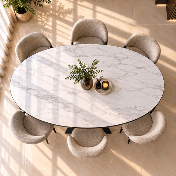 Ovale Travertin Eettafel 200x110 cm Witte blad - Zwarte X-poot - Wendy