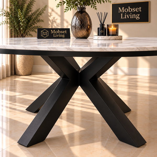 Ovale Travertin Eettafel 200x110 cm Witte blad - Zwarte X-poot - Wendy