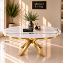 Ovale Travertin Eettafel 200x110 cm Witte blad - Goud X-poot - Wendy