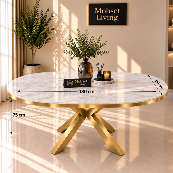 Ovale Travertin Eettafel 200x110 cm Witte blad - Goud X-poot - Wendy