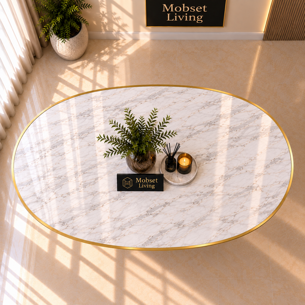 Ovale Travertin Eettafel 200x110 cm Witte blad - Goud X-poot - Wendy