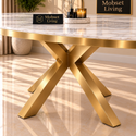 Ovale Travertin Eettafel 200x110 cm Witte blad - Goud X-poot - Wendy