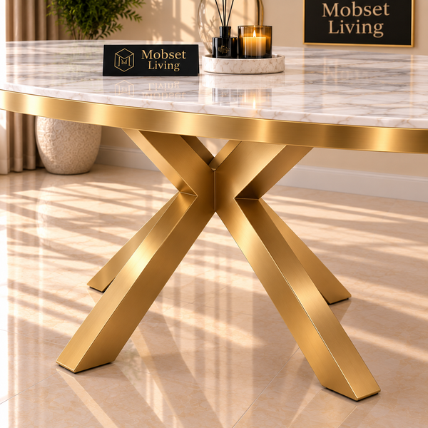 Ovale Travertin Eettafel 200x110 cm Witte blad - Goud X-poot - Wendy