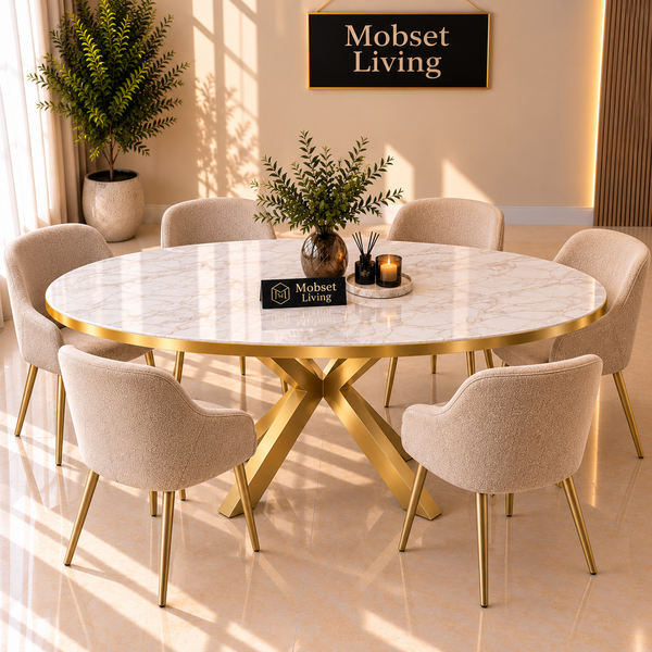 Ovale Travertin Eettafel 200x110 cm Witte blad - Goud X-poot - Wendy