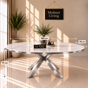 Ovale Travertin Eettafel 200x110 cm Witte blad - Zilver X-poot - Wendy