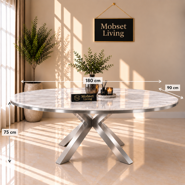 Ovale Travertin Eettafel 200x110 cm Witte blad - Zilver X-poot - Wendy