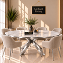 Ovale Travertin Eettafel 200x110 cm Witte blad - Zilver X-poot - Wendy