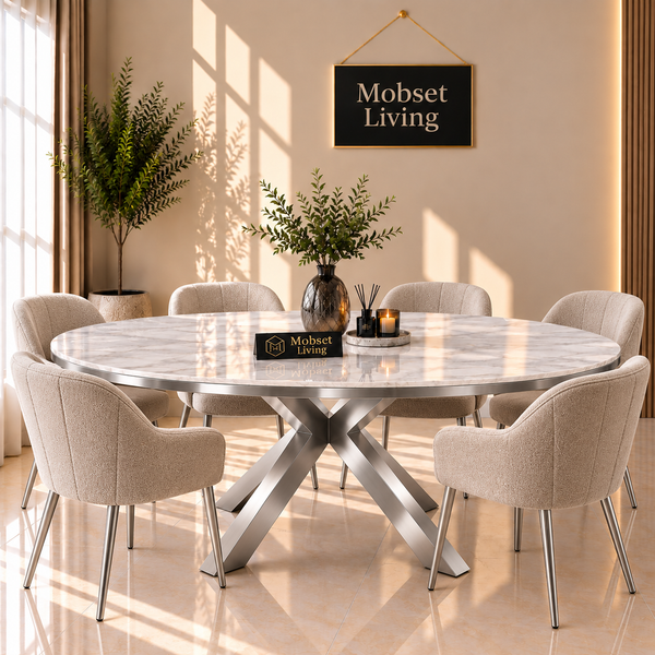 Ovale Travertin Eettafel 200x110 cm Witte blad - Zilver X-poot - Wendy