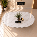 Ovale Travertin Eettafel 200x110 cm Witte blad - Zilver X-poot - Wendy