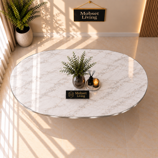Ovale Travertin Eettafel 200x110 cm Witte blad - Zilver X-poot - Wendy