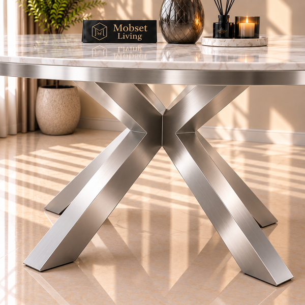 Ovale Travertin Eettafel 200x110 cm Witte blad - Zilver X-poot - Wendy
