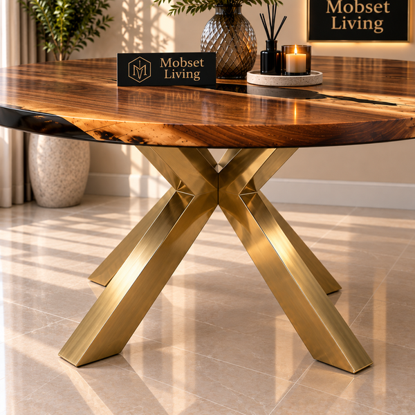 Ronde Mangohout Eettafel 130 cm - Goud X-poot - Pera