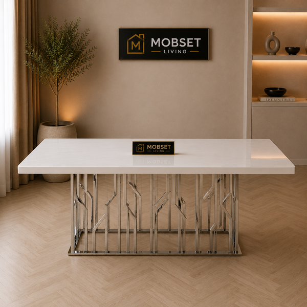 Langwerpige Eettafel Travertin Wit Blad 180x90cm
