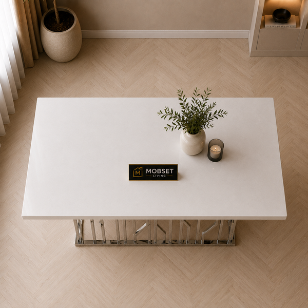 Langwerpige Eettafel Travertin Wit Blad 180x90cm