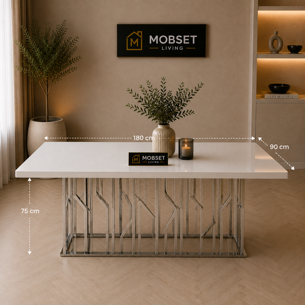 Langwerpige Eettafel Travertin Wit Blad 180x90cm