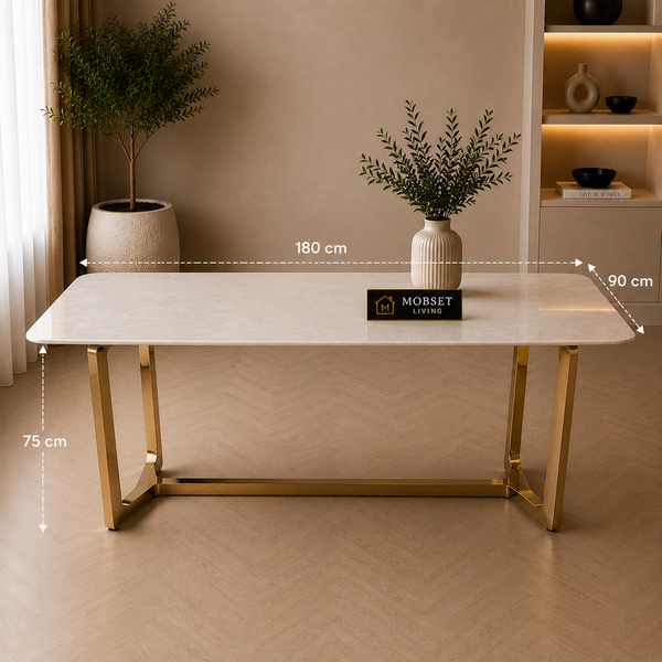 Langwerpige Eettafel Goud Poten Witte blad 180x90cm