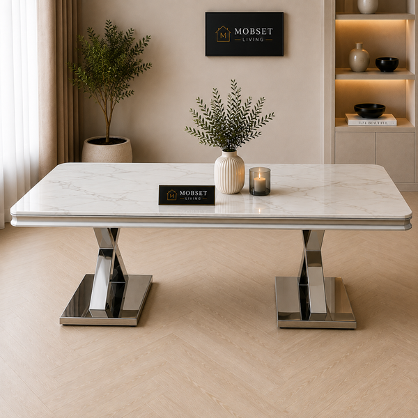Travertin Eettafel X poten Witte Tafelblad 180x90cm