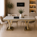 Travertin Eettafel X poten Goud Tafelblad Wit  180x90cm