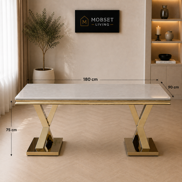 Travertin Eettafel X poten Goud Tafelblad Wit  180x90cm