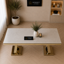 Travertin Eettafel X poten Goud Tafelblad Wit  180x90cm